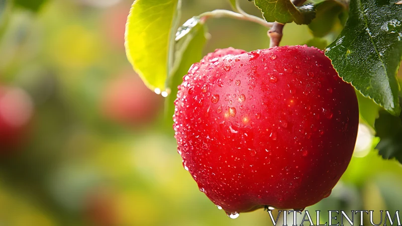 Dew kissed orchard apple glowing in soft morning light.