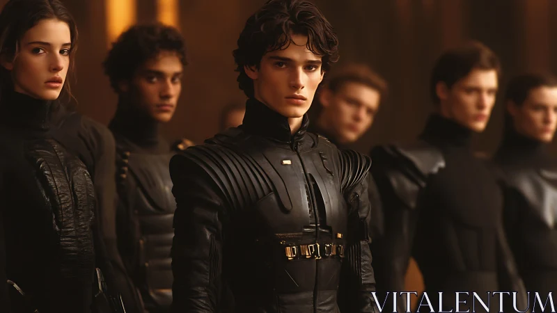 Group in black tactical suits in controlled interior setting.