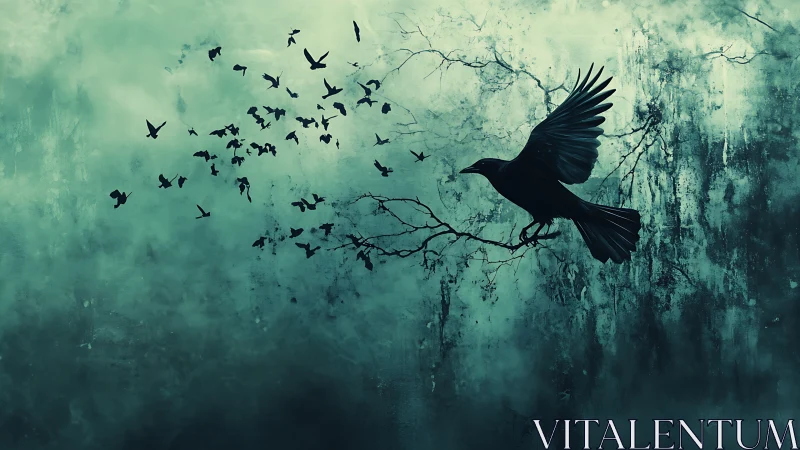 Night crows glide across misty teal sky in eerie calm