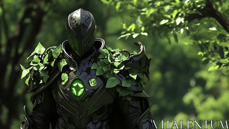 Emerald forest knight in dark glossy armor with foliage plating.