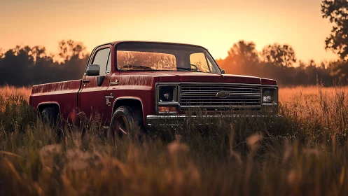 Vintage red pickup truck rests in tall grass at sunset