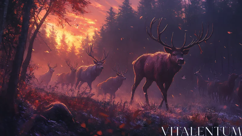 Stag herd moves through ember-lit twilight forest mist.