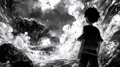 Boy stands facing violent monochrome ocean storm scene