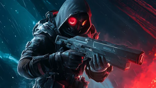 Cybernetic soldier aims rifle in rain lit by blue and red light
