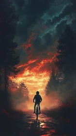 Cyclist Confronts Apocalyptic Inferno Through Burning Forest.