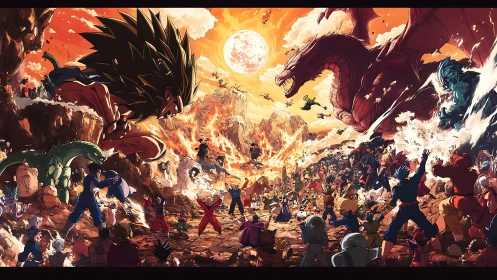 Massive anime battle scene under fiery sky with dragons.