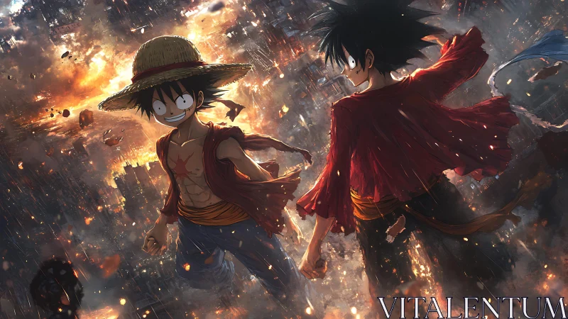 Straw-hatted warrior confronts dark twin amid burning city.