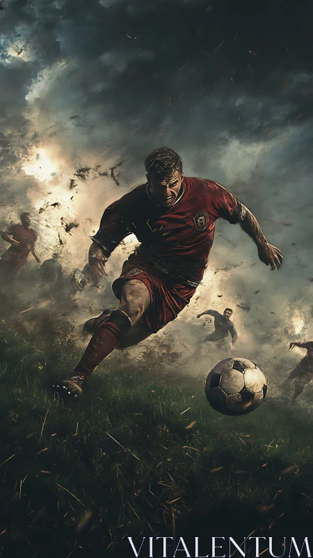 Central soccer player striking ball on turbulent grass field.