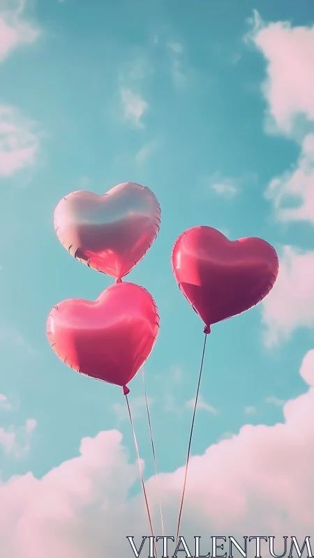 Three pink heart-shaped balloons floating against turquoise sky.