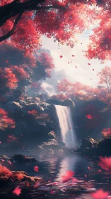 Digital painting of crimson forest waterfall with aerial depth.