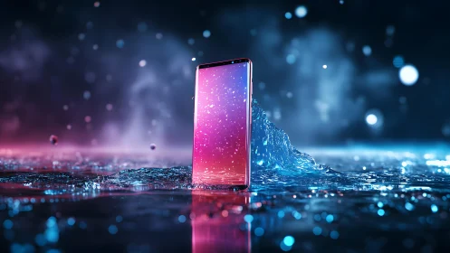 Modern smartphone standing upright in water, futuristic lighting.