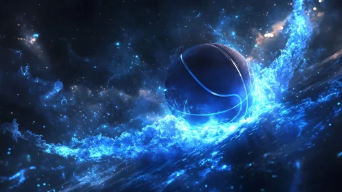 Energy-charged basketball impacts neon fluid in cosmic arena