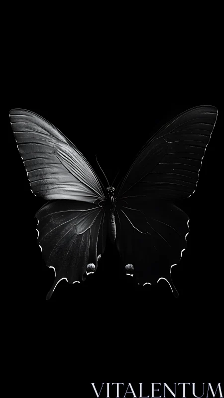 Black butterfly spreads luminous wings in stark darkness.