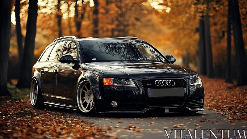 Sleek black Audi wagon glides through a warm autumn forest road
