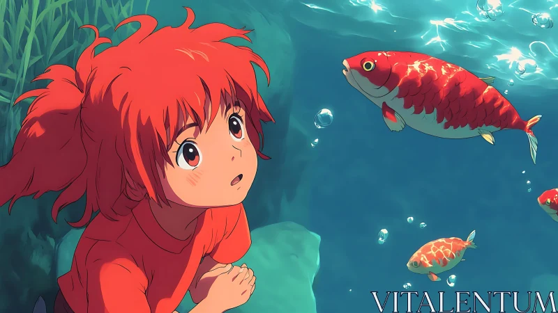 Red haired child watching koi fish underwater scene.