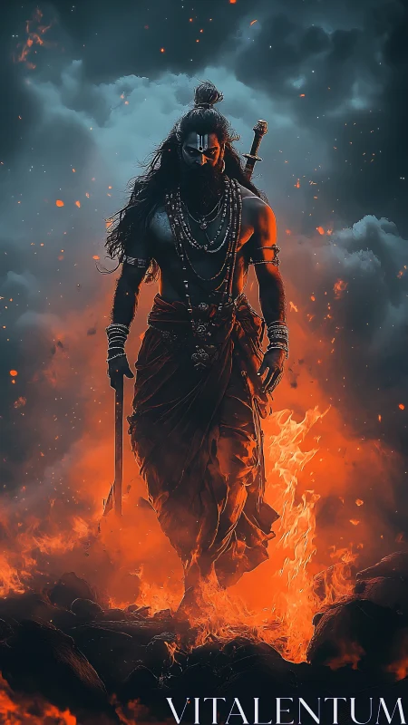 Mythic warrior strides through volcanic fire in cinematic chiaroscuro