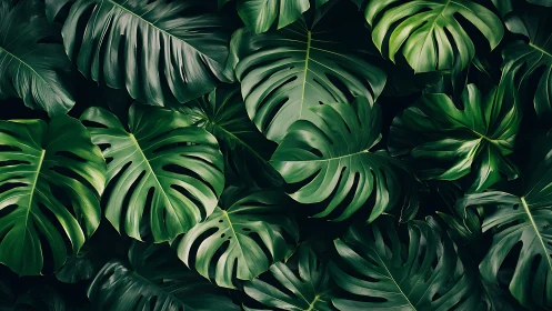 Monstera leaf canopy with deep green tropical foliage.