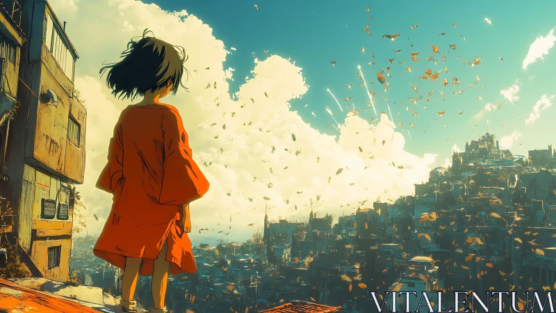 Solitary child in orange robe surveys sunlit futuristic city