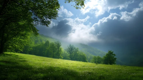 Sunlit meadow poised beneath brooding mountain clouds.