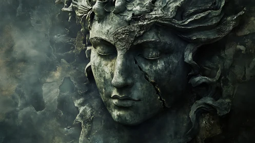 Stormworn stone muse dreaming beneath ancient fractures.