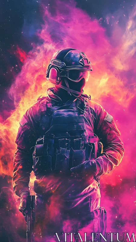 Neon storm crowns a lone tactical soldier in cosmic blaze