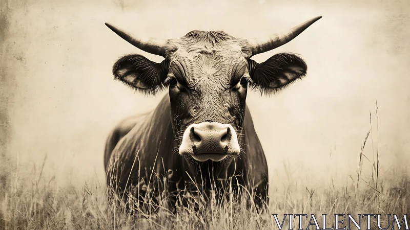 Horned cow stands centered in tall grass facing camera