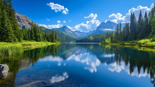 Mountain lake reflects conifer forest and distant peaks