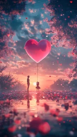 Luminescent Heart Balloon Above Two Silhouetted Figures in Particle-Laden Landscape