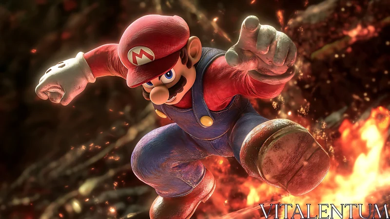 Dynamic plumber hero lunging through molten battlefield.