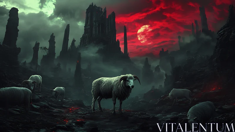 Gentle sheep wandering beneath a haunting red moon.
