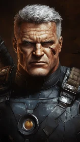 Scarred veteran in power armor glares through battle’s smoke