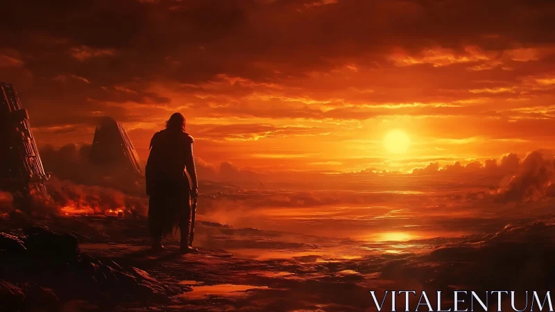 Lone warrior watches molten horizon under burning red sun