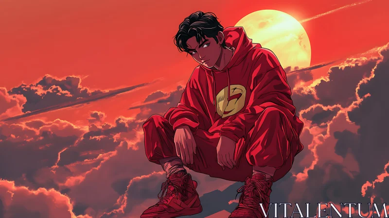 Hooded figure seated above clouds against red sunset sky.