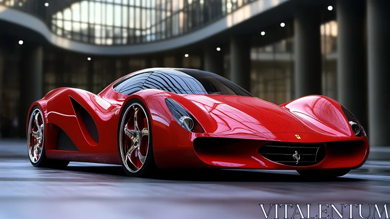 Parametric red hypercar in glazed atrium with specular highlights.