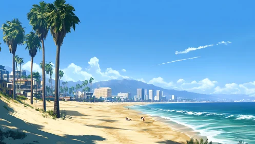 Coastal skyline with palm-lined beach under clear atmospheric perspective