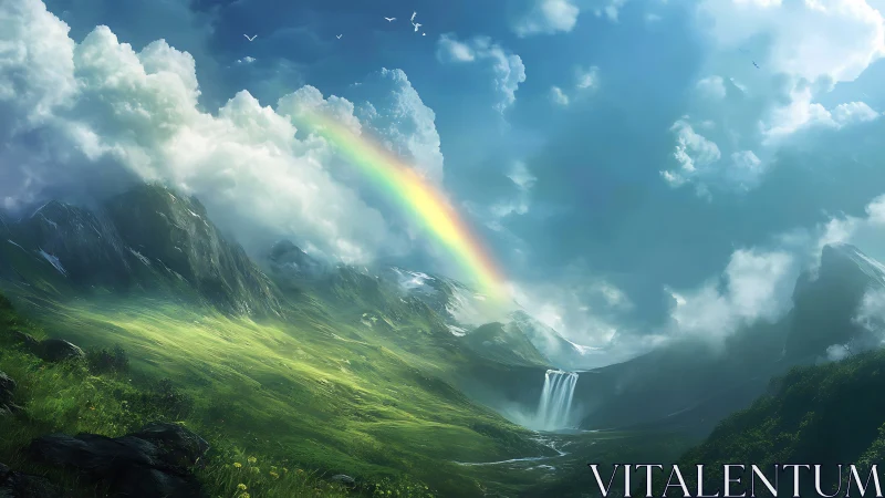 Luminous rainbow arching above misty valley waterfall panorama.