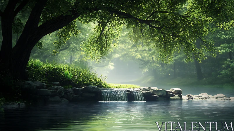 Tranquil forest pond with small waterfall and bright greenery.