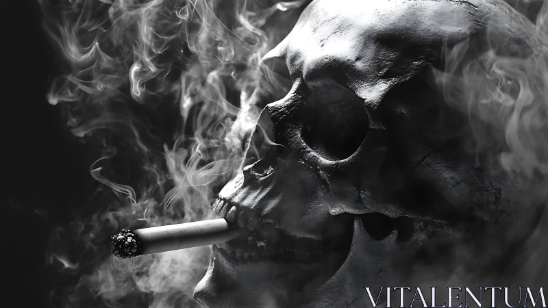 Smoking skull exhales swirling smoke in stark monochrome.