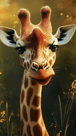 Photorealistic giraffe portrait with warm bokeh lighting.