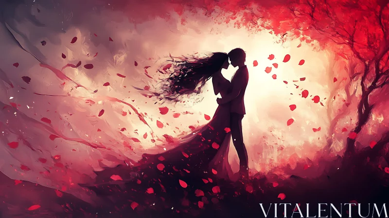 Silhouetted couple embracing amidst swirling rose petals and luminous atmospheric fog
