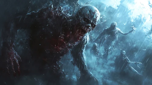 Haunting rain-soaked creatures emerging from eerie shadows.