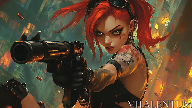 Fiery cyberpunk gunslinger locks target amid neon chaos.