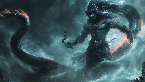 Mythic sea warlord versus serpent in stormlit digital painting.