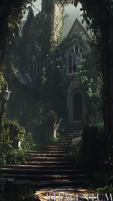 Overgrown gothic manor entrance in dense, shaded garden.