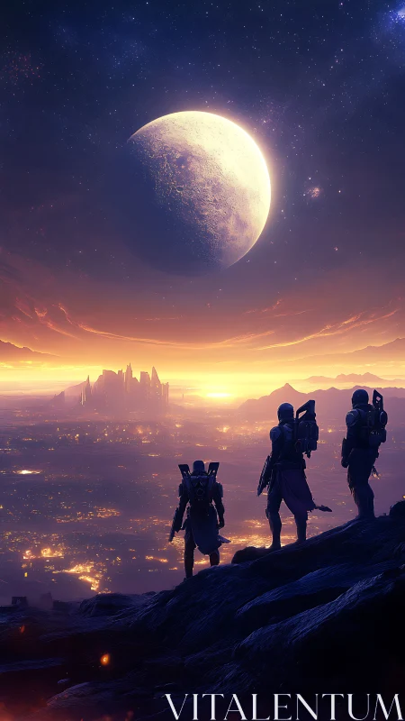 Three armored explorers overlook futuristic city at dusk.