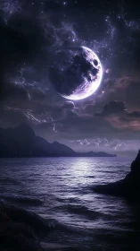 Large illuminated moon over coastal sea and distant cliffs