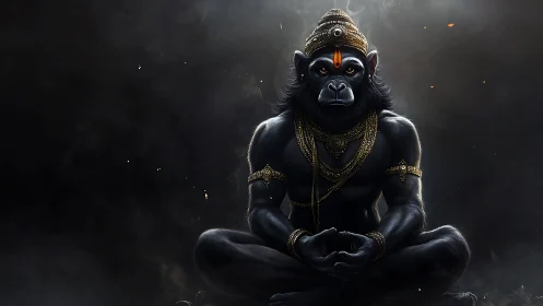 Mythic simian deity in meditative pose rendered with chiaroscuro