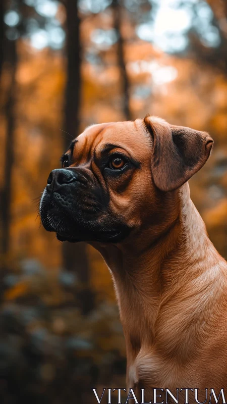 Autumn forest sentinel dog gazes through ember-soft light.
