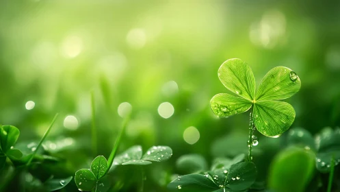 Four leaf clover rises above soft bokeh meadow