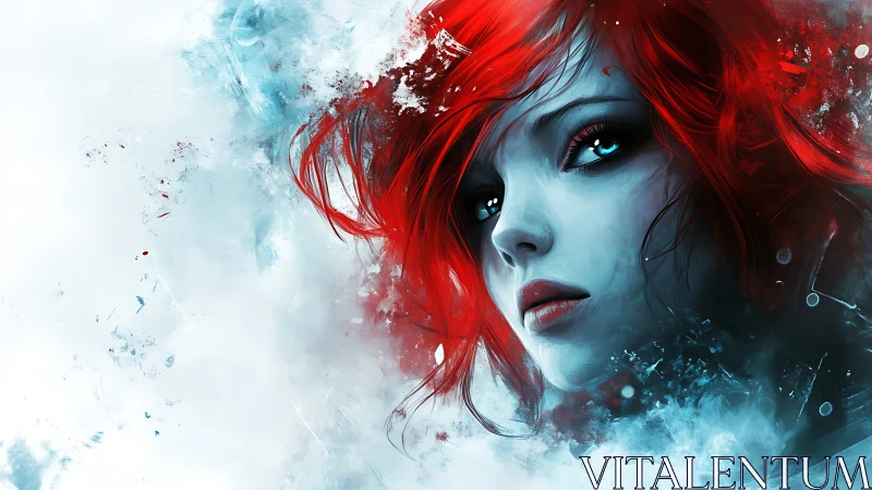 Digital painting portrait with crimson hair and icy gradients.